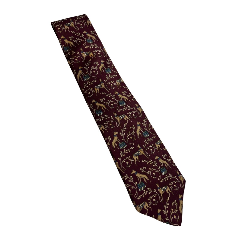 Vintage Bert Pulitzer Tie Mens OS Burgundy Greyhound Dog Circus Silk Novelty A60